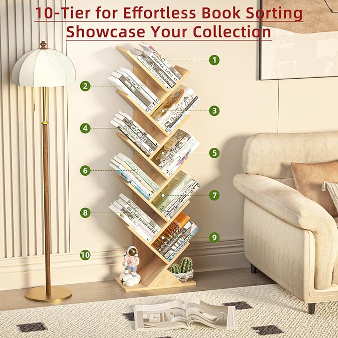 10 Tier Tree Book Shelf, Floor Standing Wood Bookshelf - Image 4