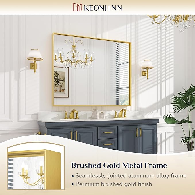 Keonjinn Gold Bathroom Mirrors 48” x 40” Rectangle Wall Vanity Mirror Large - Image 6