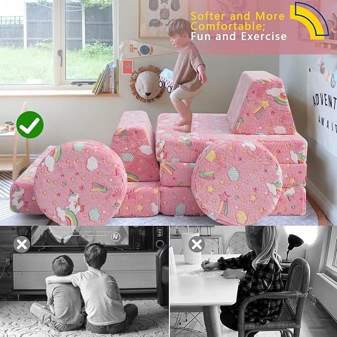 MeMoreCool Modular Pink Unicorn Glow-in-The-Dark Kids Play Couch, 8-Piece - Image 7