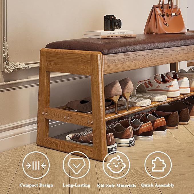Shoe Rack Bench Seat Rubberwood 2-Tier Wooden Storage Bench 550lbs Compact - Image 7
