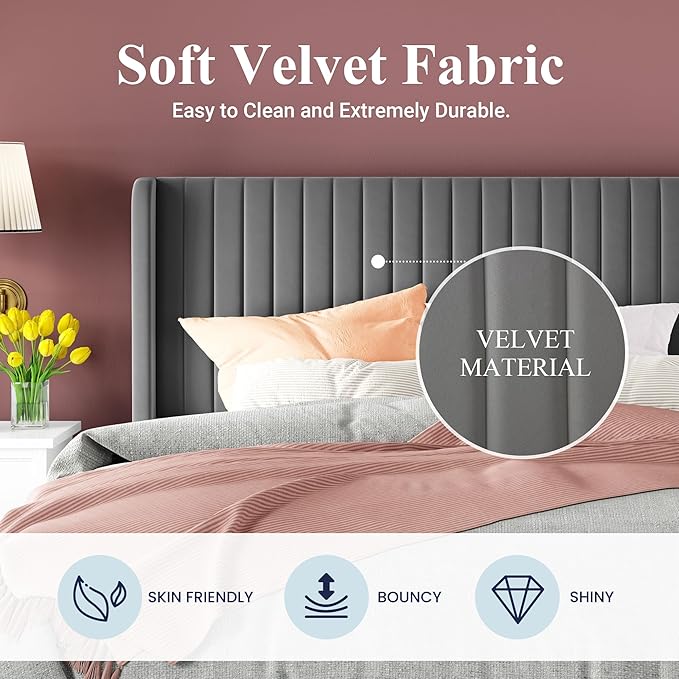 Allewie Full Size Velvet Bed Frame/Vertical Channel Tufted Wingback - Image 5