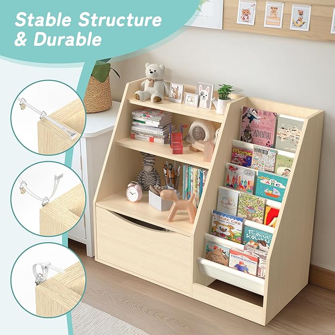 TOETOL 3 Tier Kids Bookshelf and Book Storage，6 Sling Toddler Bookshelf - Image 4