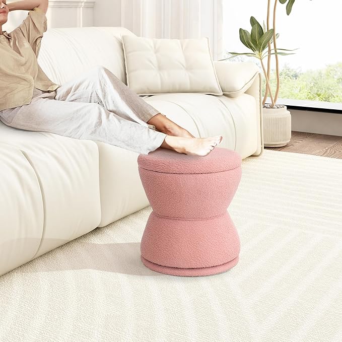 Round Ottoman with Storage, 360° Swivel Boucle Ottoman Vanity Stool, - Image 6