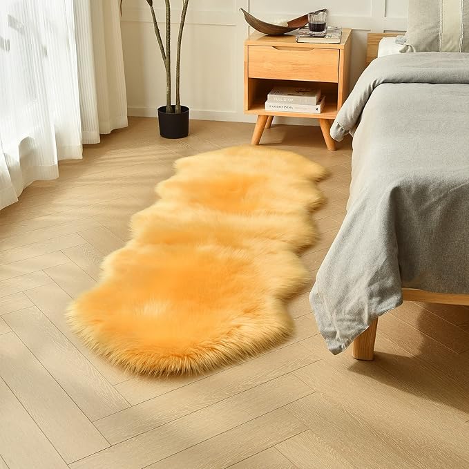 duduta Yellow Faux Sheepskin Runner Rugs 2x6 ft, Fluffy Shag Bedroom Rug Fur - Image 2