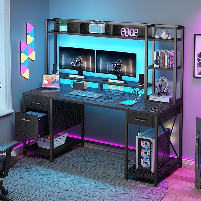 DWVO Computer Desk with Drawers & Hutch, 59.1" Office Desk with Power Outlets & - Image 3