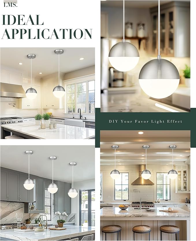 LMS Mid Century Pendant Lights, Brushed Nickel Kitchen Island Light Fixtures - Image 3