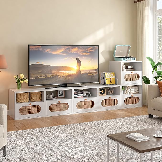 3-in-1 Modular TV Stand with Rattan Doors, DIY Media Console Boho Entertainment - Image 6