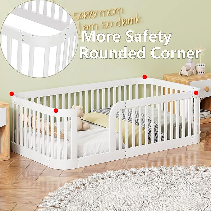 Bellemave Twin Floor Bed with High Fence and Rounded Corner Design, Wood - Image 5