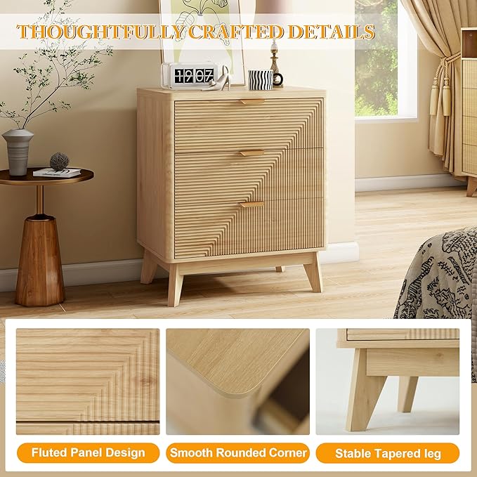3 Drawer Fluted Nightstand for Bedroom, Modern Wood Chest of Drawers - Image 4