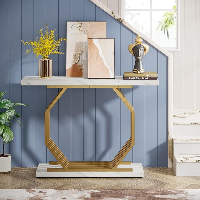 Tribesigns Gold Console Table, Faux Marble Entryway Table Narrow Sofa - Image 5