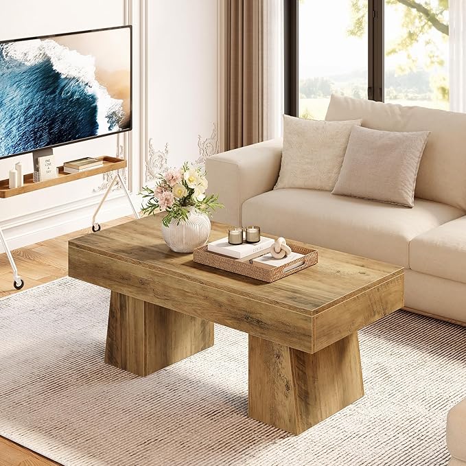 LITTLE TREE Farmhouse Coffee Table, 47 Inches Wooden Rectangular Accent Center - Image 3
