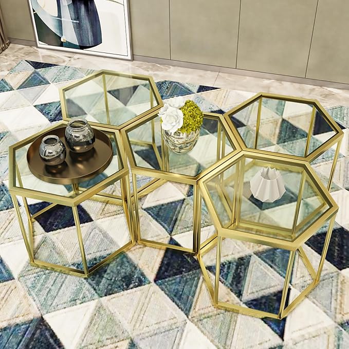 Gold Coffee Table Glass Modern Coffee Table, Hexagon Free Combination Glass - Image 8