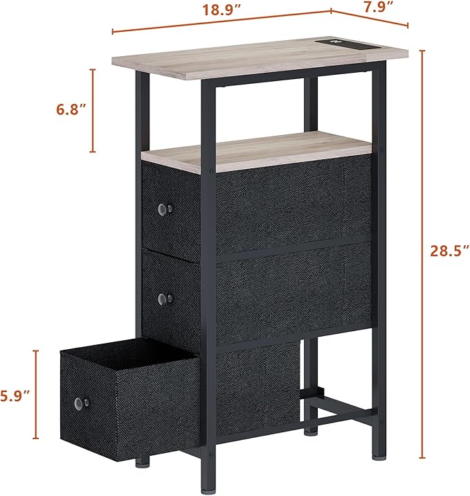 End Table with Charging Station, Narrow Side Table with 3 Fabric Drawers - Image 3