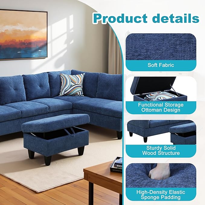 Couches for Living Room Modern L Shaped Couch Comfy Linen Fabric 3 Pieces - Image 5
