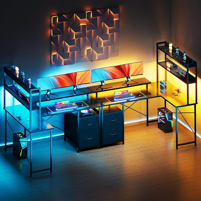 L Shaped Gaming Desk with Shelves, Reversible Computer Gaming Desk with LED - Image 7