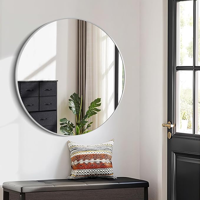 Silver Round Mirror, 39 Inch Wall Mounted Round Mirror, Aluminum Alloy Metal - Image 4