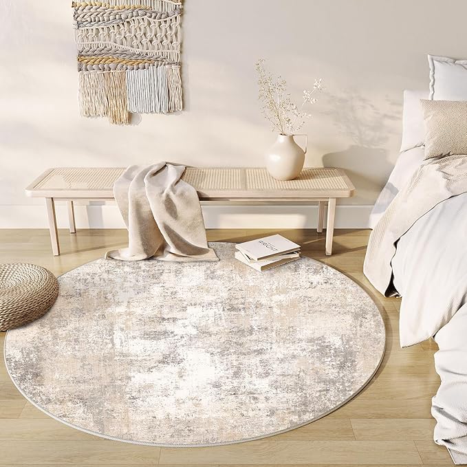 5x5 Washable Round Rug Beige Grey Neutral Abstract Living Room Bedroom Non Slip by WondRg