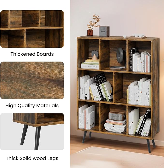 8 Cube Bookshelf 3 Tier Mid-Century Rustic Brown Modern Bookcase - Image 5