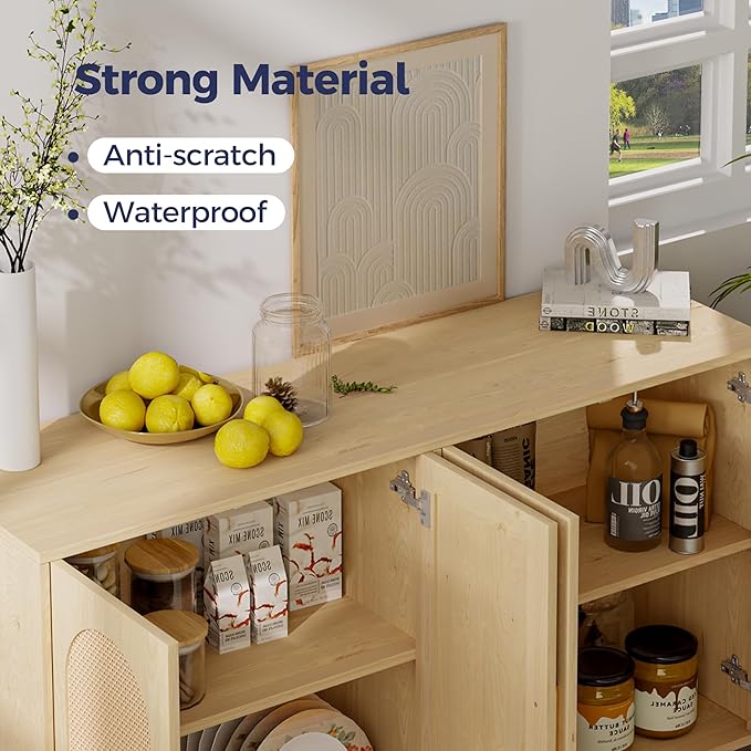 Buffet Cabinet with Storage, KitchenSideboard Cabinet with 4 Rattan Decorated - Image 4