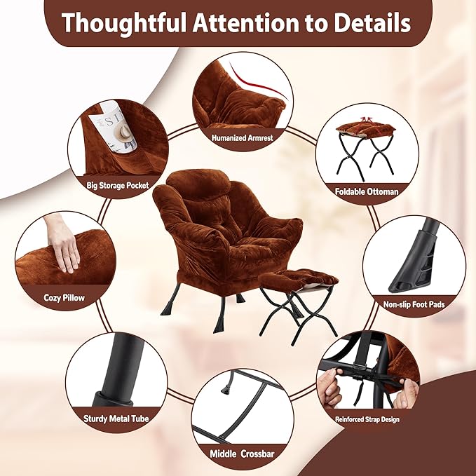 Lazy Chair with Folding Ottoman, Accent Chair Plush Upholstered with Metal - Image 6