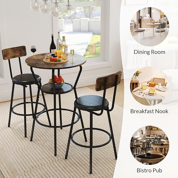 3-Piece Round Bar Table and Chair Set, Small Dining Table - Image 5