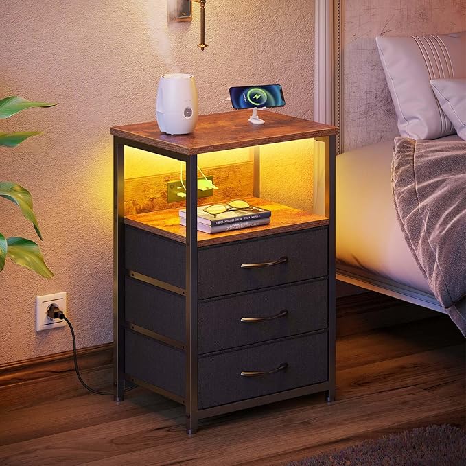 Seventable Nightstand with Charging Station and LED Light, Bedside End Table - Image 5