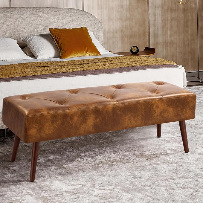 Furniliving 44 Inch Tufted Leather Bench, Leather Footrest Stool Bedroom Bench - Image 2