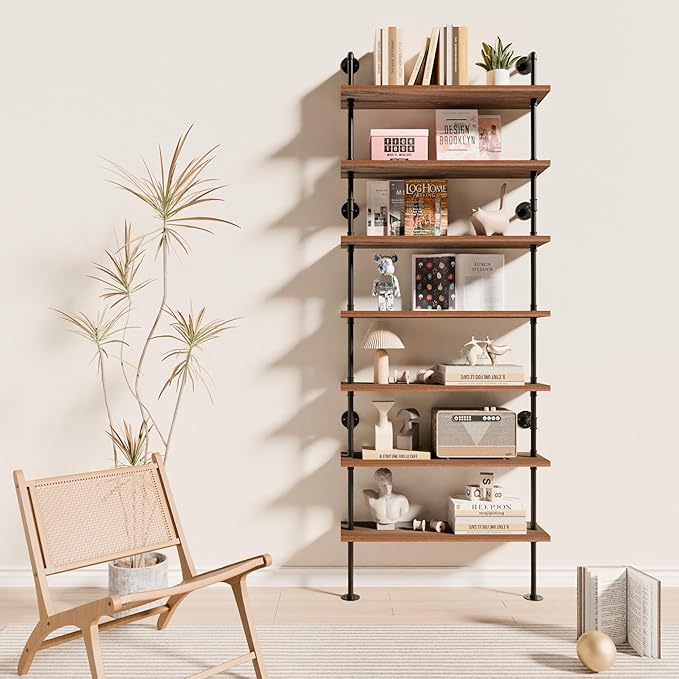 7 Tier Industrial Ladder Shelf Bookcase, Wall Mounted Rustic Bookshelf by ANYNICE