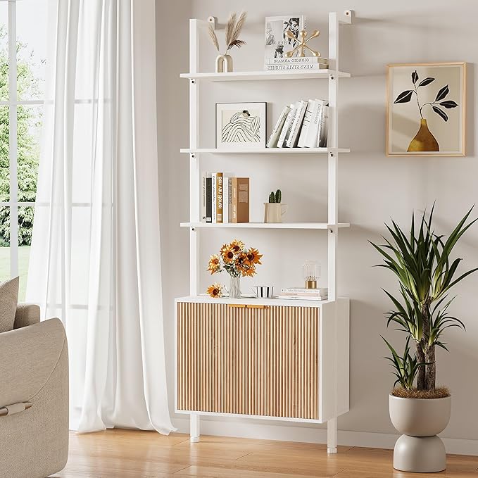 74" Tall Bookshelf with Storage Cabinet, Modern Ladder Shelf with Wood and - Image 3