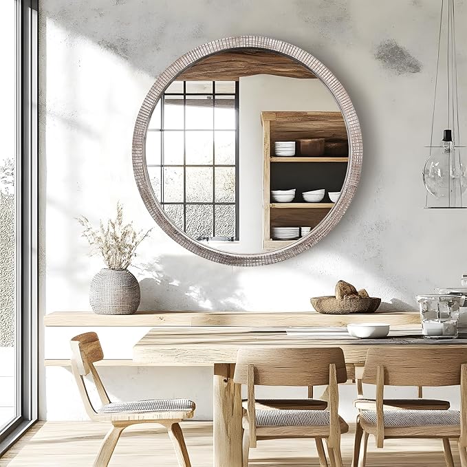 35" Round Wood Mirror, Large Wooden Round Mirror, Wood Round Mirrors - Image 6