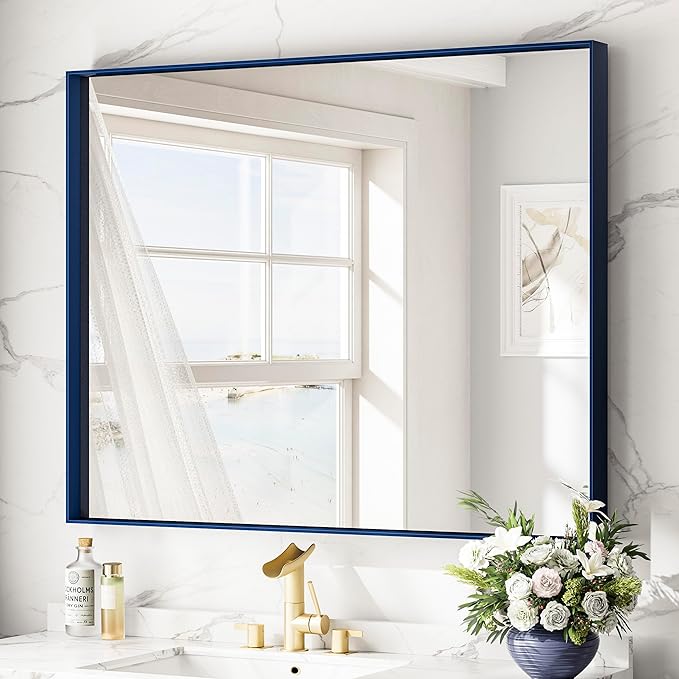 Keonjinn 42 x 36 Inch Blue Framed Mirror Bathroom Vanity Mirror by Keonjinn