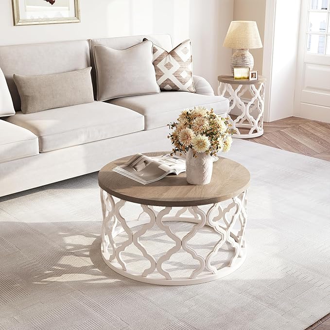 karlott Farmhouse Coffee Table, French Country Round Coffee Table, Coastal - Image 5