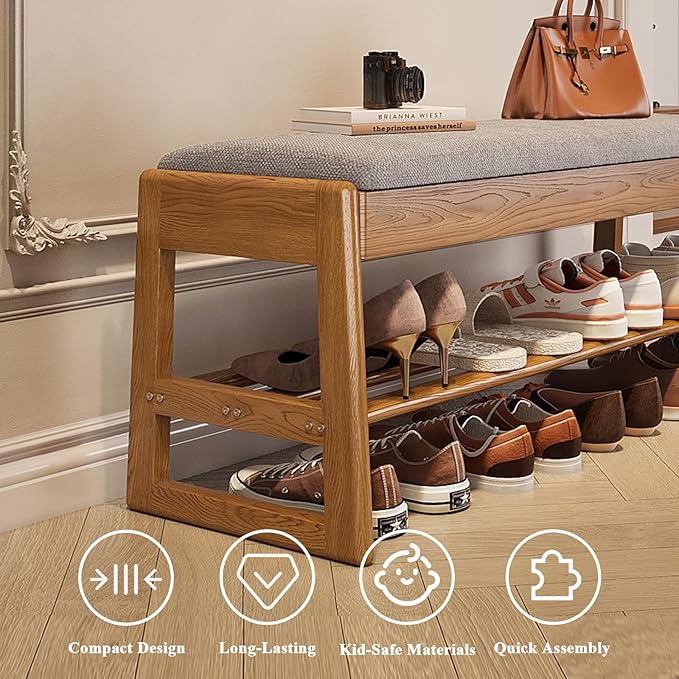 Shoe Rack Bench with Cotton-Linen Cushion 2-Tier Wooden Storage Bench 550lbs - Image 7