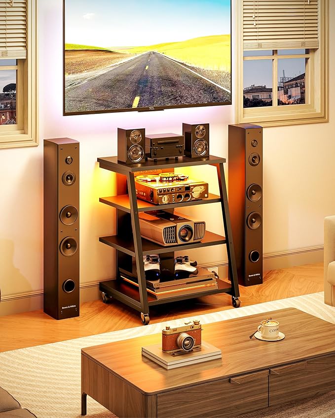 4-Tier AV Media Stand with Wheels, Stereo Stands, Media Console Shelf with - Image 4