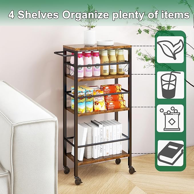 IBUYKE 7.8" Slim Rolling Cart, 4-Tier Metal Kitchen Storage Cart, Trolley cart - Image 3