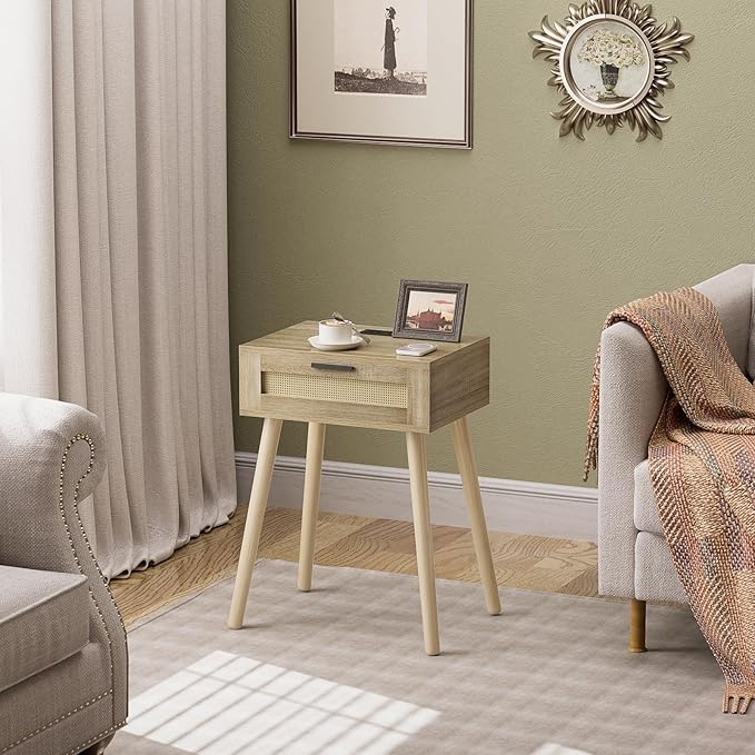 HAIOOU Nightstand with Charging Station Rattan Drawer, Mid Century Modern Side - Image 8