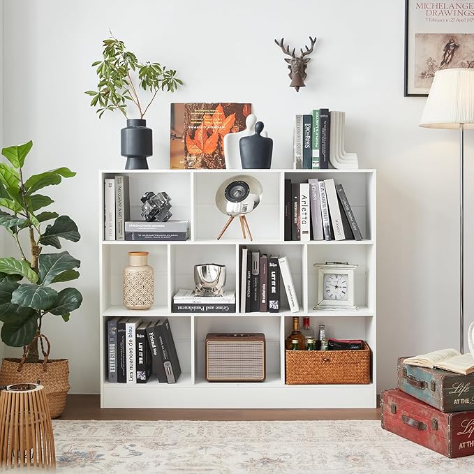YAHARBO White 10 Cube Bookshelf, 3 Tier Modern Horizontal Bookcase, Wooden Low - Image 6