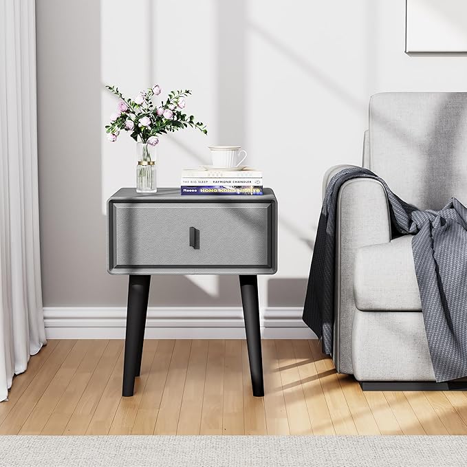 VICITON Modern Faux Leather Nightstand, Solid Wood Drawer, - Image 7
