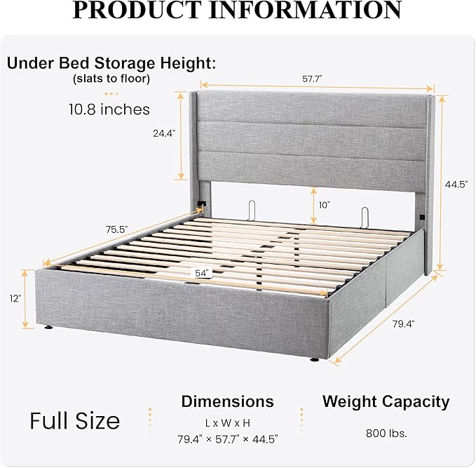 SHA CERLIN Full Size Lift Up Storage Bed/Modern Wingback Headboard/Upholstered - Image 2