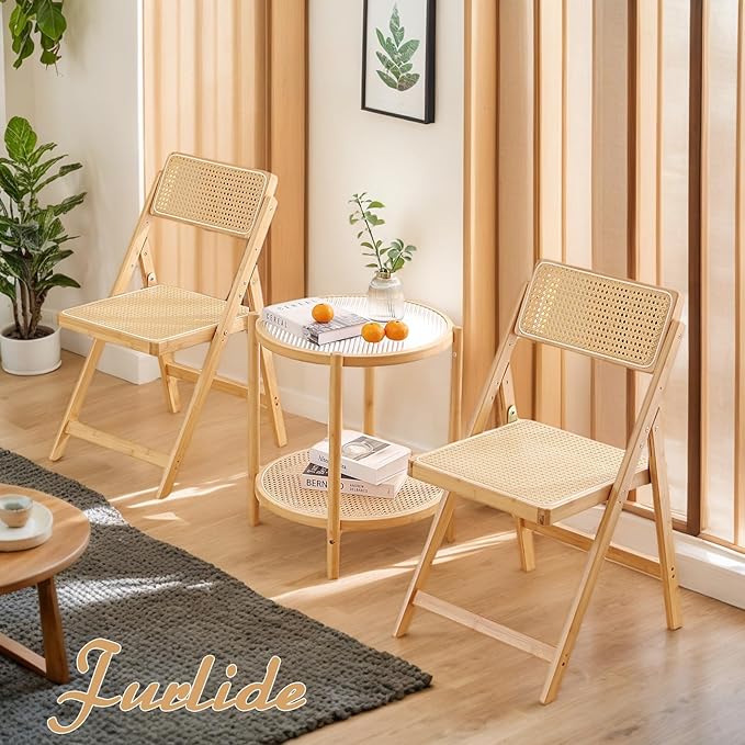 Rattan Folding Chairs, Modern Mid Century Dining Chairs Set of 2, Outdoor - Image 4