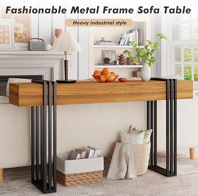 63 Inch Long Console Table, Industrial Sofa Table Behind The Couch Rectangular - Image 6