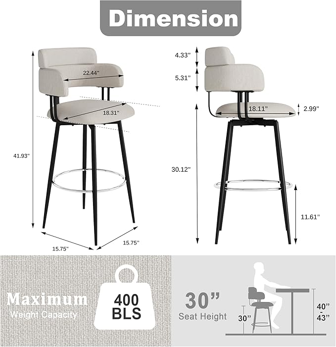 Swivel Bar Stools Set of 2, Counter Height Bar Stools - Image 2