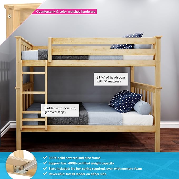 Max & Lily Bunk Bed Twin over Twin, Solid Wood Bunk Bed Frame - Image 3