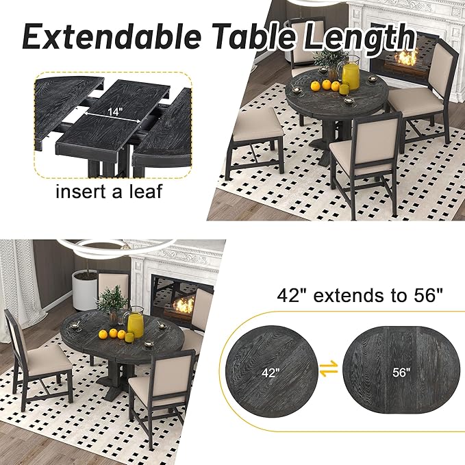 Need Extendable Farmhouse Round Dining Table, 48-60 Inch Pedestal Base Kitchen - Image 4