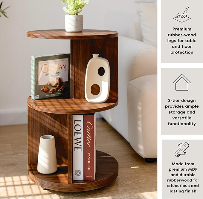 KAYMILY Living Room Side Table, Office Round Bookshelf End Table, Bedroom Mid - Image 6