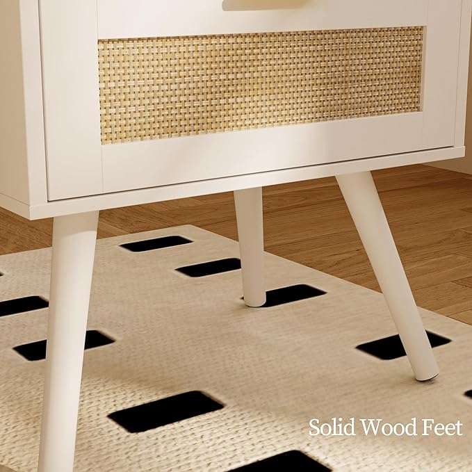 Rattan Nightstand with Charging Station, Farmhouse Bedside Table with 2 Storage - Image 7