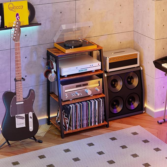 4-Tier AV Media Stand with 2 Hooks, Heavy Duty Stereo Cabinet Furniture-Large - Image 3