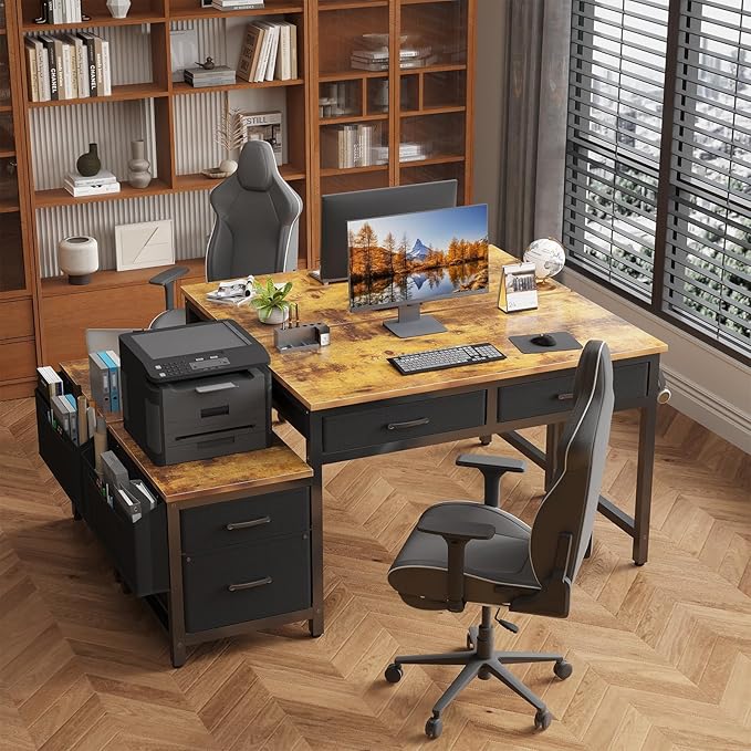 Lufeiya Computer Desk with Fabric File Drawers Cabinet, 57 Inch Home Office - Image 4
