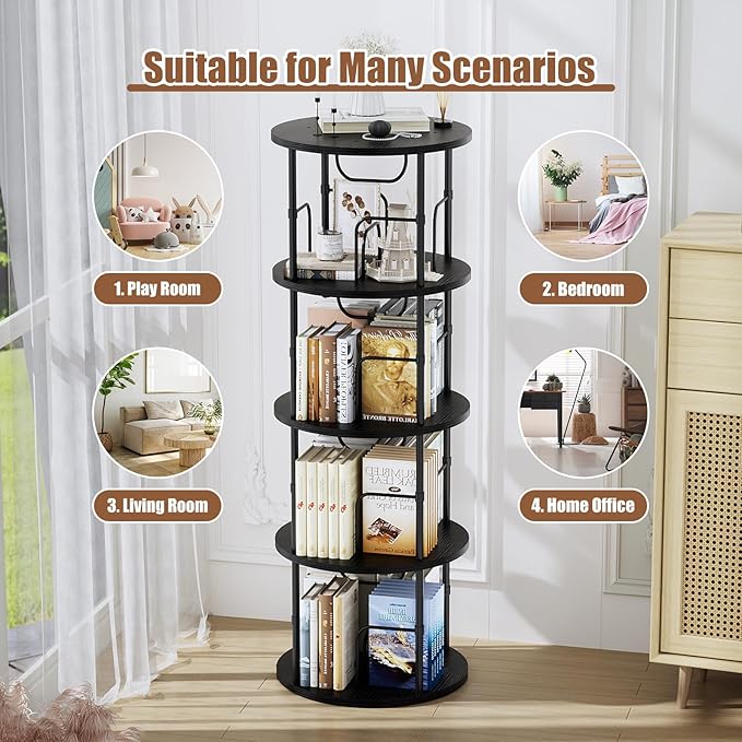 Rotating Bookshelf, 4 Tier Spinning Bookshelf Tower, 360° Display Round Bookcase - Image 7