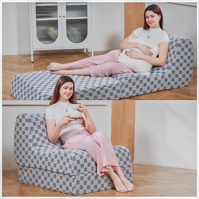 Bean Bag Chair with Checkerboard Shaker Fleece Fabric, Folding Sofa Bed by SnugSofeeFoamSofa
